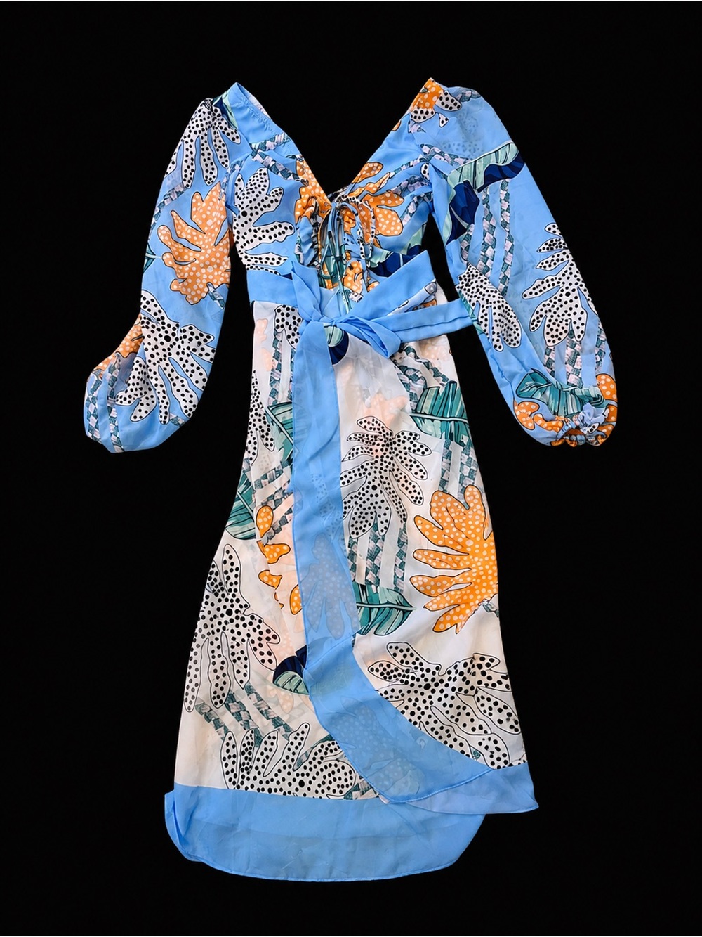 Blue Floral Wrap Dress with Puff Sleeves